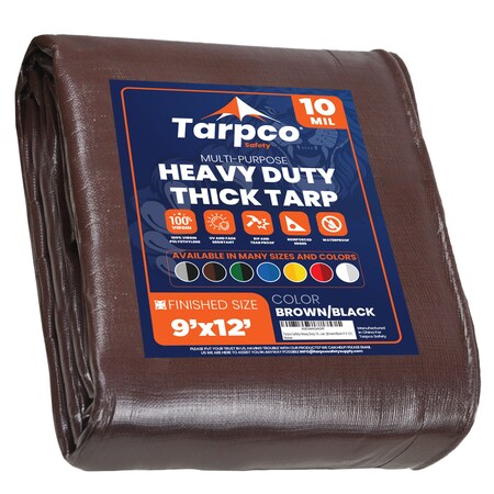 Tarpco Safety Heavy Duty Tarp, 12 ft L x 0.5 mm H x 9 ft W, 10 Mil, Brown/Black, Polyethylene TS-152-9X12